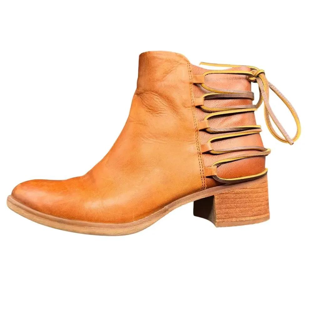 Korks Brown Leather Ankle Boots Lace Back Block Heel Size 8M